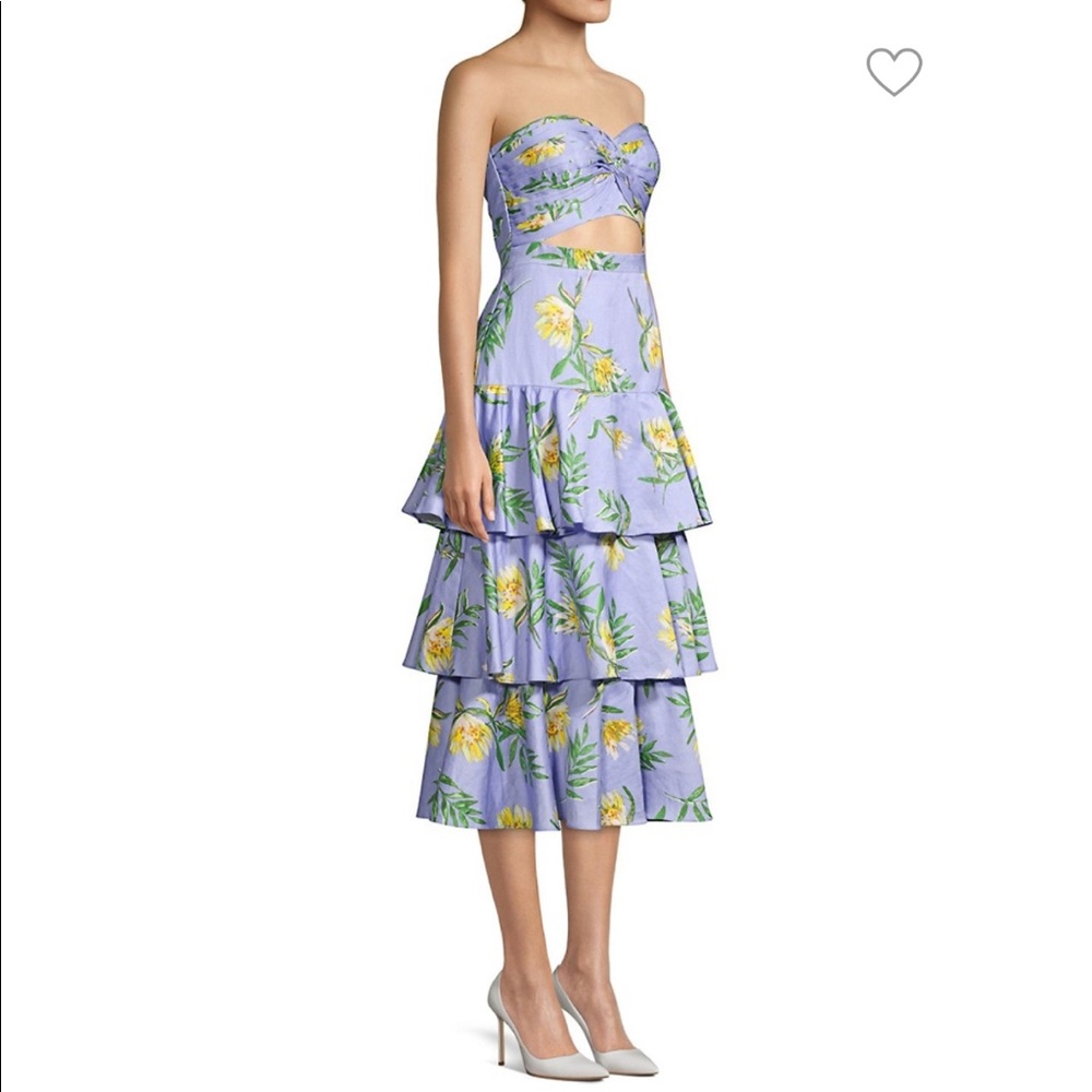 AMUR Roxy Linen-Blend Strapless Tiered Midi Dress